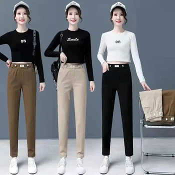 2023 Весна Осень, Новые Корейские хлопковые брюки с прямыми штанинами для женщин, модные Эластичные шаровары с высокой талией, Свободные Повседневные брюки