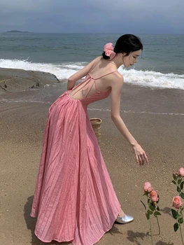 2023 Летний Женский Праздничный Розовый Сарафан, Сексуальное вечернее платье без рукавов с открытой спиной, Богемное пляжное платье трапециевидной формы Robe Femme