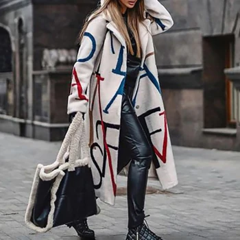2023 Новая осенне-зимняя женская персонализированная ветровка с клетчатыми длинными рукавами, пальто с лацканами, шерстяное пальто с буквенным принтом