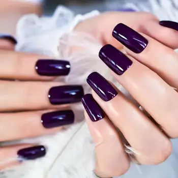 24шт Темно-фиолетовых накладных ногтей средней длины, квадратные Многоразовые акриловые однотонные наконечники для нейл-арта, накладные ногти