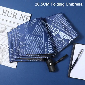 28,5 СМ, Трехскладной зонт 190T, классический Ретро Черно-белый газетный дизайн, Защита от ультрафиолета, Виниловый Автоматический зонт для путешествий 0