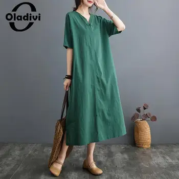 Oladivi, Женское хлопковое льняное платье большого размера с коротким рукавом, 2023, Летние Повседневные Свободные платья, Винтажная женская одежда большого размера 9126