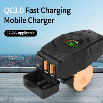 QC3.0 Зарядное устройство для мотоцикла с двумя USB, Водонепроницаемое быстрое зарядное устройство, устанавливаемое на автомобиль, Переключатель 12 В-24 В Адаптер питания, Аксессуары для мото