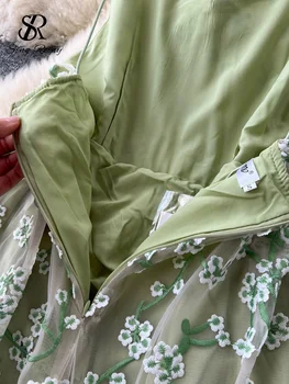 SINGREINY/ модное повседневное женское сексуальное платье на бретелях, уличная одежда с открытыми плечами, лоскутное сетчатое длинное платье с французской ретро-вышивкой и цветочным рисунком 4