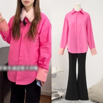 [Stock] Сеть Tiktok, красная с небольшим дизайнерским акцентом двухцветная лоскутная рубашка в длинную свободную женскую блузку с длинными рукавами