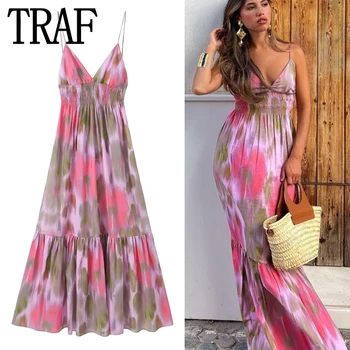 TRAF 2023 Длинное платье с принтом и открытой спиной, женское Летнее платье-комбинация с рюшами, женские сексуальные платья миди без рукавов, пляжные платья для вечеринок с рюшами