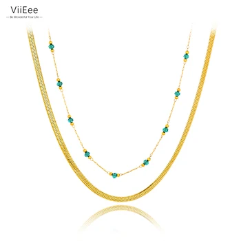 ViiEee из нержавеющей стали 316L, колье с зеленым кристаллом, модные Двухслойные ожерелья со змеиной цепочкой для женщин VN22163