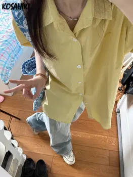 Y2k Эстетическая Свободная женская блузка в стиле Гранж 2023, японская мода, винтажные однотонные блузы, повседневная рубашка с вышивкой в стиле Гранж с коротким рукавом