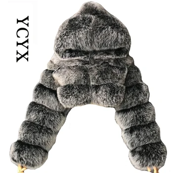 YCYX S-8XL Зимняя женская меховая куртка с коротким рукавом и капюшоном из искусственного меха, пальто из искусственного лисьего меха с длинными рукавами, теплое женское пальто YCYX466