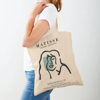 Абстрактная линия Матисса, лицо Девушки, Коралловое Солнце, скандинавские женские сумки для покупок, многоразовый двусторонний принт, повседневная холщовая сумка для покупок, тоут