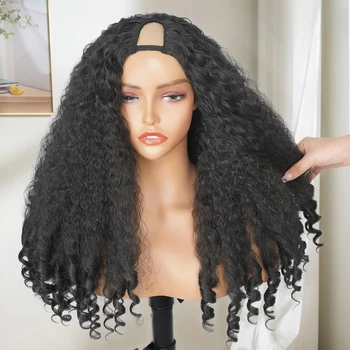 Афро-кудрявый парик с V-образным вырезом Синтетический прямой с кудрявыми концами, пушистые упругие волосы для женщин, заплетенные в косу, черные волосы