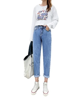 Весенне-летние джинсы-стрейч с высокой талией, женские шаровары, новые свободные и узкие джинсовые брюки-папочка с прямыми штанинами из девяти точек