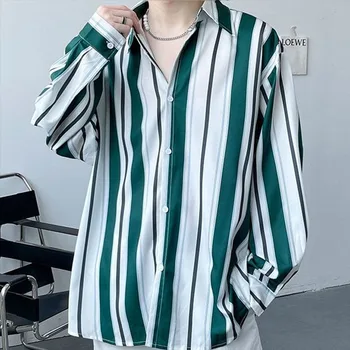 Весенне-летняя мужская одежда С длинным рукавом, отворотом и полосатым принтом, Модная свободная рубашка Оверсайз Hong Kong Breeze 0