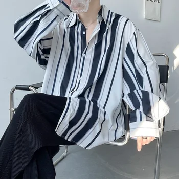 Весенне-летняя мужская одежда С длинным рукавом, отворотом и полосатым принтом, Модная свободная рубашка Оверсайз Hong Kong Breeze 2