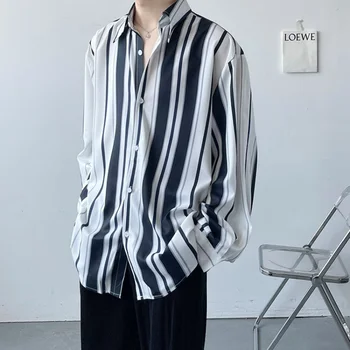 Весенне-летняя мужская одежда С длинным рукавом, отворотом и полосатым принтом, Модная свободная рубашка Оверсайз Hong Kong Breeze 3