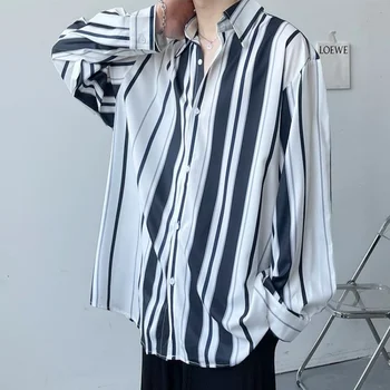 Весенне-летняя мужская одежда С длинным рукавом, отворотом и полосатым принтом, Модная свободная рубашка Оверсайз Hong Kong Breeze 4