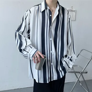 Весенне-летняя мужская одежда С длинным рукавом, отворотом и полосатым принтом, Модная свободная рубашка Оверсайз Hong Kong Breeze 5