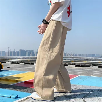 Весенние Хлопковые Широкие брюки, мужские модные однотонные Повседневные брюки, Мужская уличная одежда, Корейские Свободные Прямые брюки, Мужские брюки S-5XL