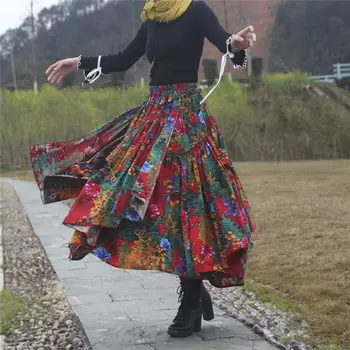 Весенний тренд в этническом стиле, Длинная юбка из хлопка и льна с цветочным принтом, женская юбка с эластичной резинкой на талии, Осенняя юбка Макси нерегулярной формы flada Mujer