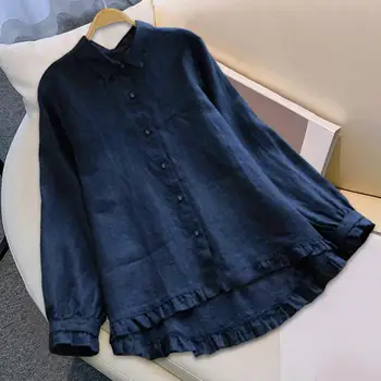 Весенняя блузка средней длины с длинными рукавами, женская рубашка с рюшами, однотонная однобортная женская весенняя рубашка с отложным воротником