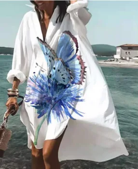 Винтажные свободные платья трапециевидной формы с принтом, женское новое однобортное платье-рубашка с рукавами 3/4, женское вечернее платье с V-образным вырезом, Vestidos Mujer