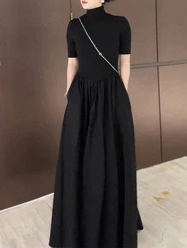 Водолазка VANOVICH во французском стиле, черное облегающее платье-клеш 2023, летняя новинка, мода для темперамента, тонкое платье с коротким рукавом на талии