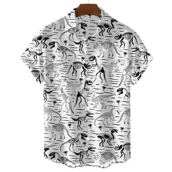 Горячая распродажа, Новая Черно-белая Простая Мужская рубашка С милым принтом Динозавра, Мужская одежда, отворот рубашки, модная блузка с коротким рукавом Оверсайз