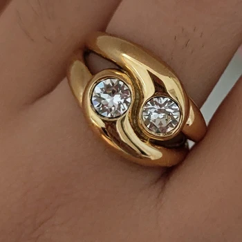 Двойные круглые кольца с фианитами, кольца из нержавеющей стали для женщин, массивные изысканные ювелирные изделия, минималистичные водонепроницаемые ювелирные изделия