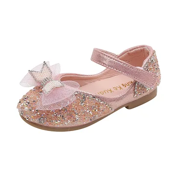 Демисезонная кожаная обувь для девочек, шикарные детские тонкие туфли принцессы с бантом и блестками, детские нескользящие дышащие танцевальные туфли 4