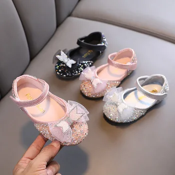 Демисезонная кожаная обувь для девочек, шикарные детские тонкие туфли принцессы с бантом и блестками, детские нескользящие дышащие танцевальные туфли 5