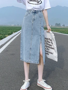 Джинсовая юбка, высокая талия, тонкий разрез сбоку, корейская версия трапециевидной формы, длинная джинсовая юбка большого размера, женская весенне-осенняя новинка