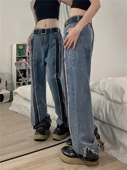 Джинсы Hot Girl в американском стиле с высокой талией, женские повседневные джинсовые брюки с прямыми штанинами в стиле пэчворк, весенне-летние Новые трендовые брюки XL