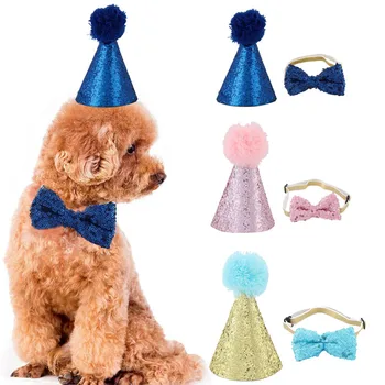 Домашняя кошка, собака, шляпа с галстуком-бабочкой, украшение для праздничной вечеринки, блестящая розовая шляпа, шляпа для дня рождения ребенка