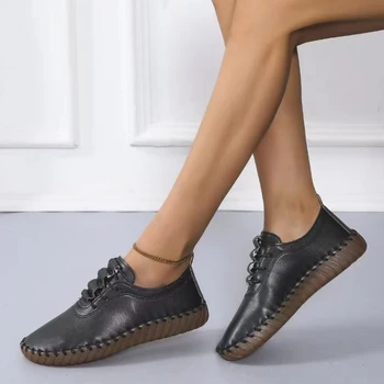 Женская обувь 2023 года, Высококачественные Женские балетки на шнуровке, Осенние Однотонные туфли с круглым носком на низком каблуке, Лаконичные повседневные Zapatillas De Mujer
