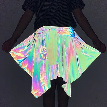Женская Светящаяся Радужная мини-юбка в стиле хип-хоп с эластичным поясом и нерегулярным подолом, юбка для вечерних танцев