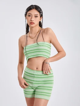 Женские летние комплекты одежды для отдыха wsevypo из 2 предметов, уличная одежда в зеленую полоску, укороченные топы-трубки с открытыми плечами + шорты с эластичной талией 0