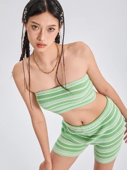 Женские летние комплекты одежды для отдыха wsevypo из 2 предметов, уличная одежда в зеленую полоску, укороченные топы-трубки с открытыми плечами + шорты с эластичной талией 1