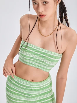 Женские летние комплекты одежды для отдыха wsevypo из 2 предметов, уличная одежда в зеленую полоску, укороченные топы-трубки с открытыми плечами + шорты с эластичной талией 2