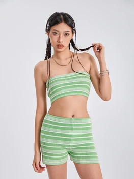 Женские летние комплекты одежды для отдыха wsevypo из 2 предметов, уличная одежда в зеленую полоску, укороченные топы-трубки с открытыми плечами + шорты с эластичной талией 3
