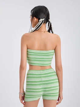 Женские летние комплекты одежды для отдыха wsevypo из 2 предметов, уличная одежда в зеленую полоску, укороченные топы-трубки с открытыми плечами + шорты с эластичной талией 4