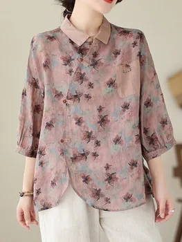 Женские Летние повседневные рубашки, Новое поступление 2023 года, Винтажный цветочный принт в китайском стиле, Универсальная Свободная женская футболка