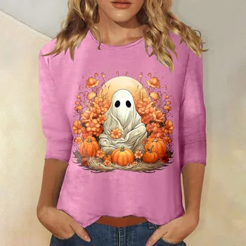 Женские топы, нарядные рубашки на Хэллоуин, плиссированные рубашки с круглым вырезом и длинным рукавом, офисные блузки, футболки для бега, женские