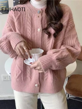 Женский корейский модный кардиган, свободный свитер с цветами из конопли в стиле ретро, женская розовая трикотажная одежда для снижения возраста, бесплатная доставка