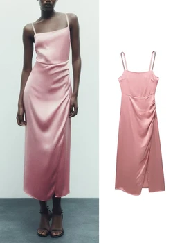Женское платье-комбинация TRAF 2023, НОВЫЕ длинные платья с рюшами для женщин, летнее сексуальное вечернее платье с открытой спиной, Элегантные женские платья