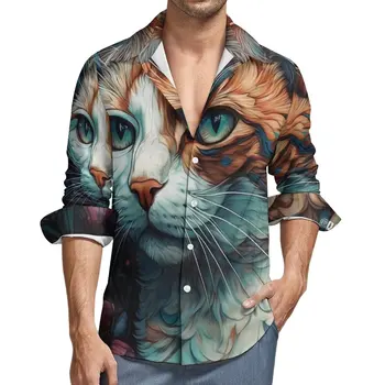 Забавная повседневная рубашка с котом, мужская рубашка с неоновой красочной росписью, Весенняя новинка, блузки с длинным рукавом, дизайнерская одежда оверсайз