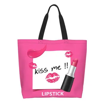 Забавная розовая помада с принтом Kiss Me Сумка для покупок Многоразовая Холщовая сумка для покупок через плечо