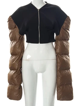 Зимняя куртка, Женские парки, 2023, Новая Корейская мода, длинный рукав, молния, Лоскутное Тонкое пальто с V-образным вырезом, верхняя одежда Y2k, Теплые повседневные пальто 5