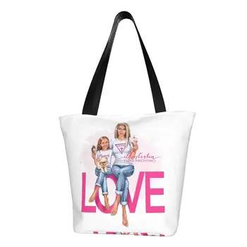 Изготовленная на заказ мультяшная холщовая сумка для покупок для семьи, матери, любви, женская моющаяся продуктовая мода, Милые сумки для покупок для супер мамы и ребенка