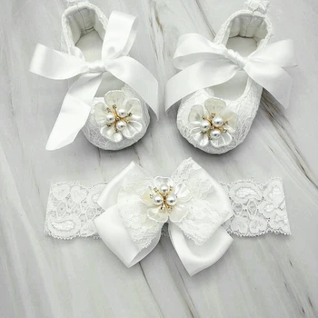 Кукольный Крестильный жемчуг, лента, обувь для маленьких девочек, Крестины, Белый цветок ручной работы, новорожденная принцесса, Детская свадебная противоскользящая кроватка