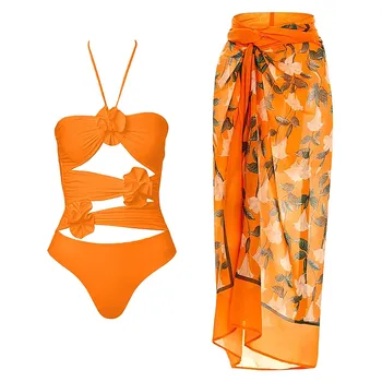 Купальник-бикини, женское 3D цветочное украшение, купальник с вырезом на шее и юбкой-оберткой, комплект купальников для плавания на косточках 0